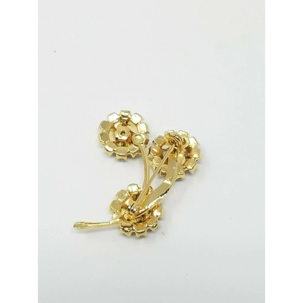 Vtg flower‎ bouquet brooch pin gold tone green rhinestone beads florentine boho